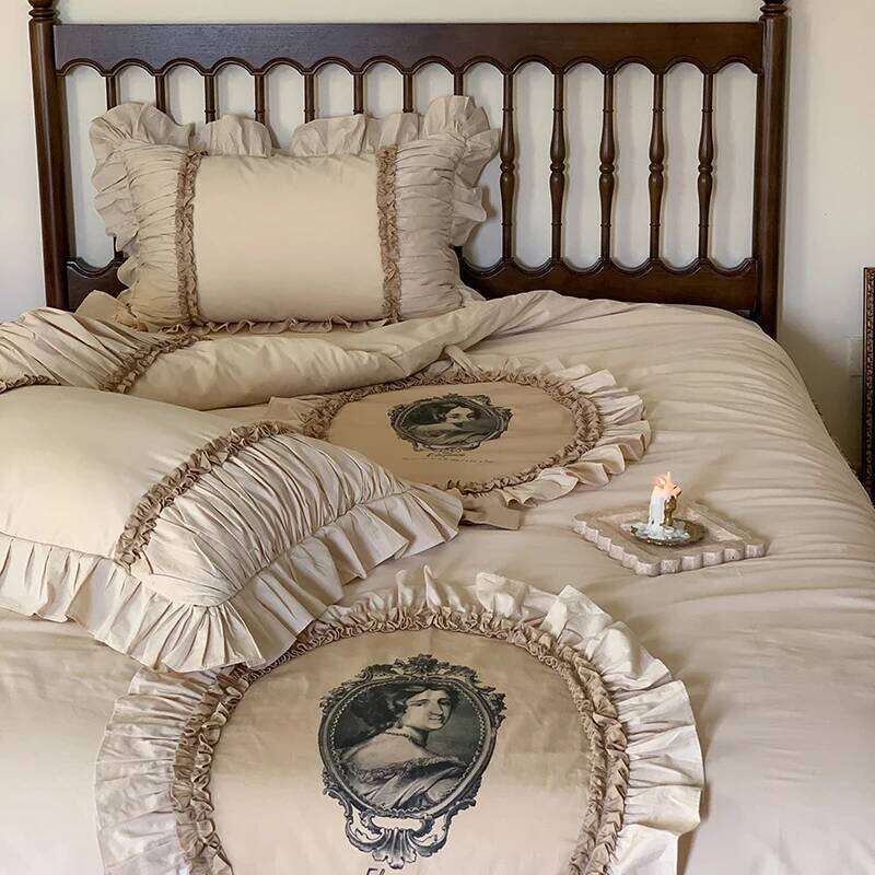 Lace Ruffles Patchwork Vintage French Bedding Set, 100% Cotton, Duvet Cover, Bed Sheet, Pillowcases, Queen, King, 4Pcs H260312