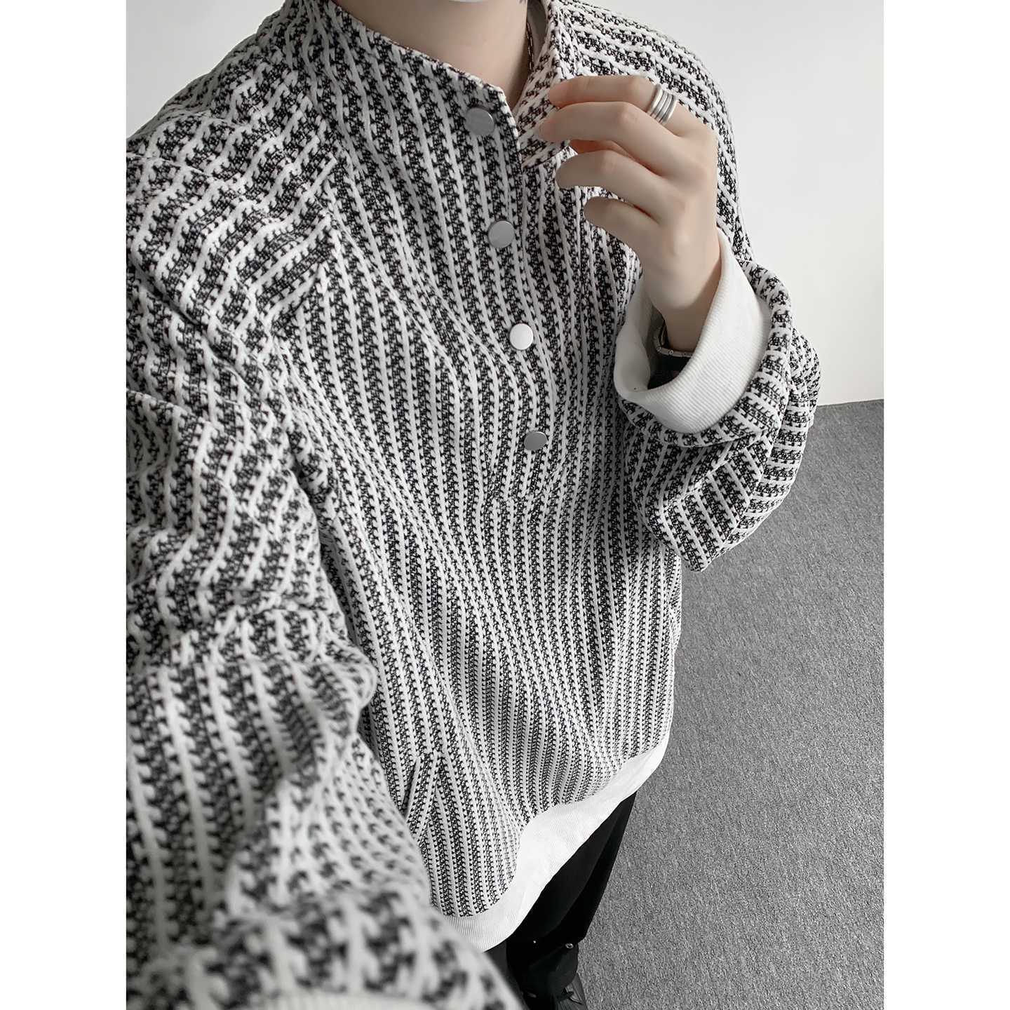Retro Fishbone Pattern Designer Hoodie Henry Collar Long-sleeve T-shirt For Men Autumn Couple's Jacquard Sweatshirt With Polo Collar