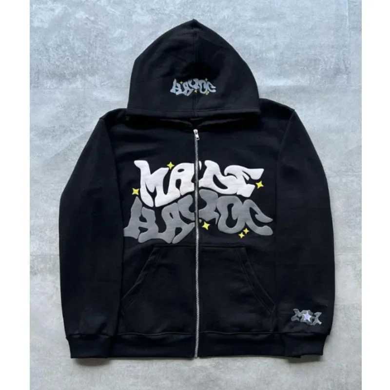 Zipper hooded sweatshirt with retro American letters suitable for men and women wearing Y2K jacket autumn/winter cardigan M260312