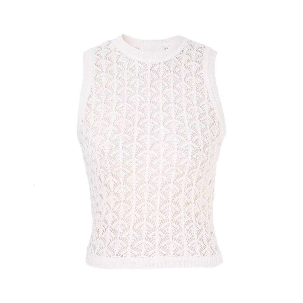 2026 Celebrity Same Style Simple White Elegant Lady Hollow Sleeveless Knitted Tank Top A17 Long Skirt Set