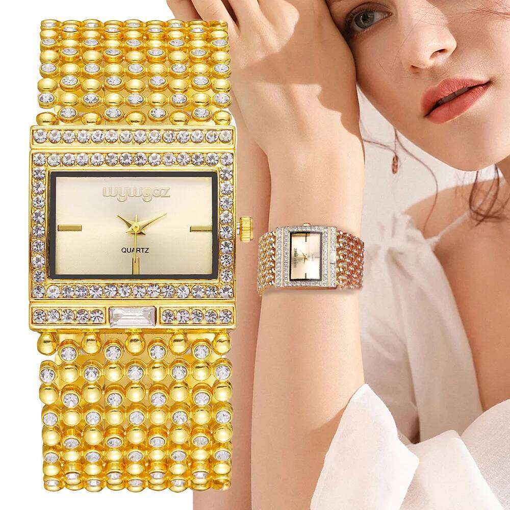 Luxury Simple Square Diamond Encrusted Quartz Watch Gold Skeleton Fashion Women's Clock Gift Dress Wristwatch