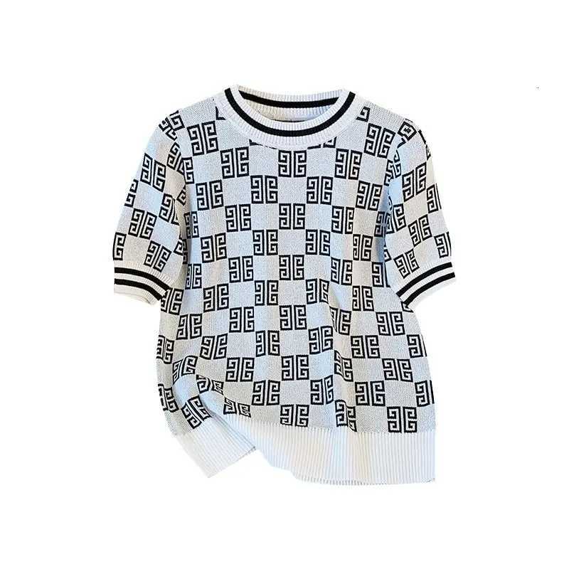 Spring Summer Fashion Geometric O-neck Short Sleeve Pullovers Ladies Temperament Vintage Knitting Printing Loose Women Top TeeT260312