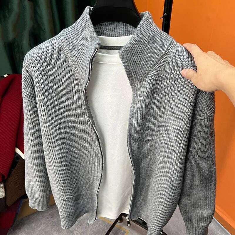 Autumn and winter versatile solid color zipper cardigan knitted popular slim fit sweater jacket men's stand up col