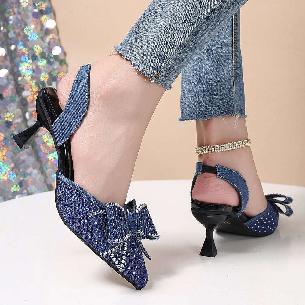 Petite Elegant Rhinestone Pointed Toe Bow High Heels Women Summer New Thin Heel Export Closed-Toe Sandals Size 43