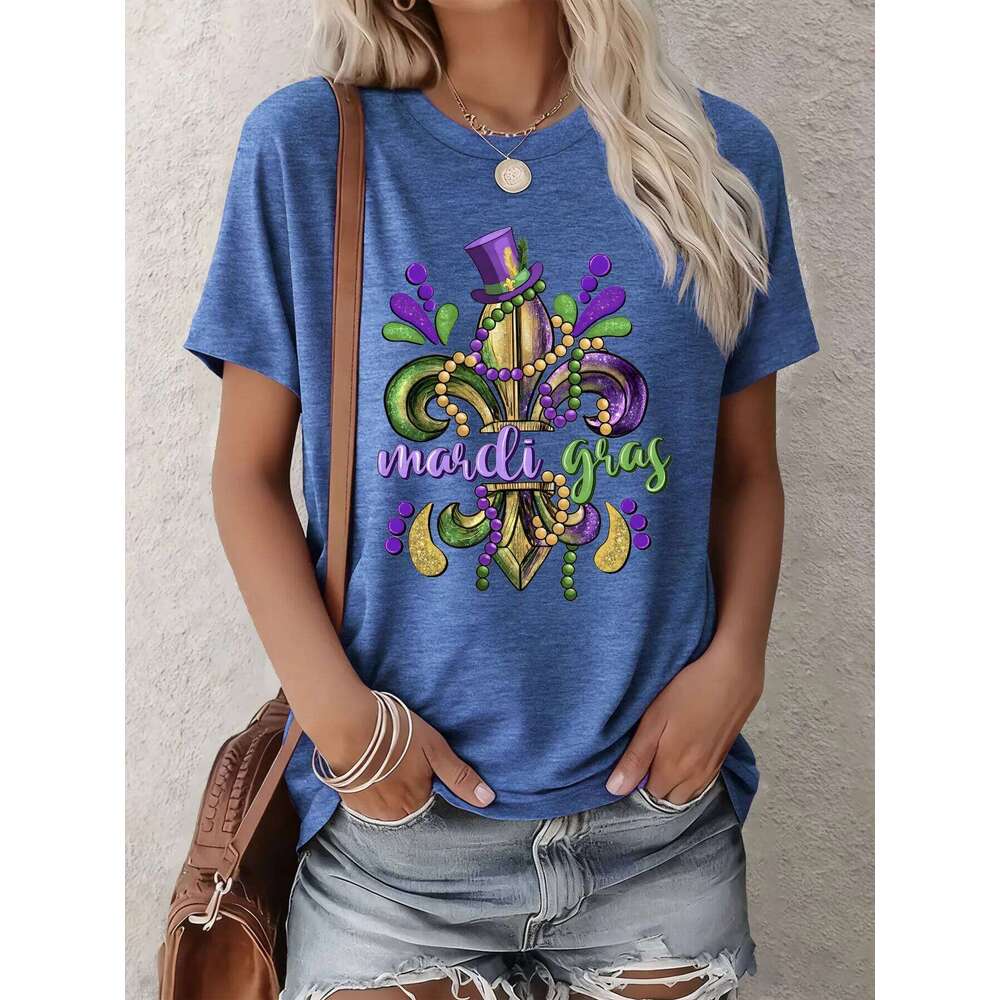 Womens Mardi Gras T Shirt New Orleans Golden Fleur De Lis Purple Top Hat Summer Short Sleeve Casual Party Gift 5 Colors Z260312