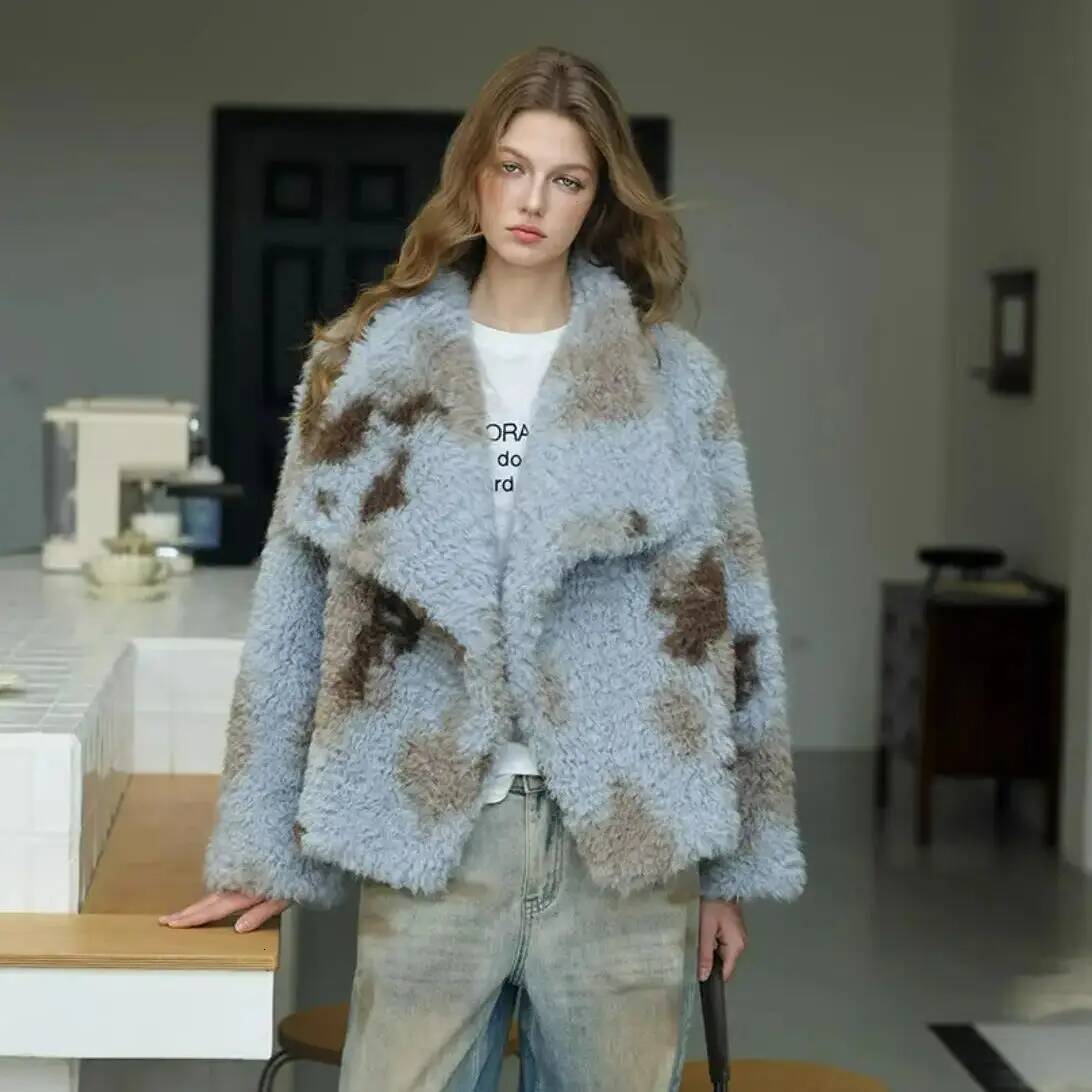 HIGH QUALITY Winter Large Lapel Curly Lamb Coat Long sleeve Warm Shaggy Tie dye Gradient Faux Fur Jacket Loose Outerwear