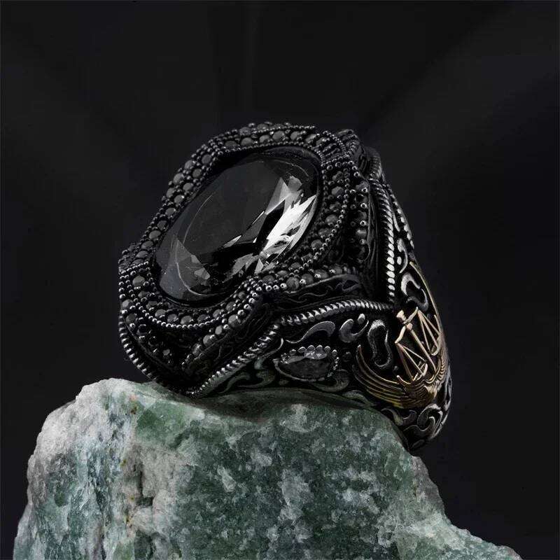 New Copper Material Open Adjustable Ring Black Gemstone Personality High Jewelry Fashion Business Suitable for Men Gift H260312