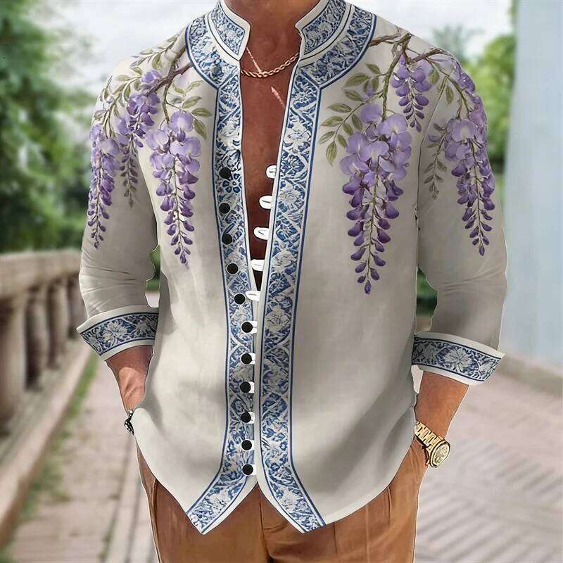 Flower, digital printing, fashion trend, street outdoor, high-quality and comfortable men's linen short-sleeved casual shirt