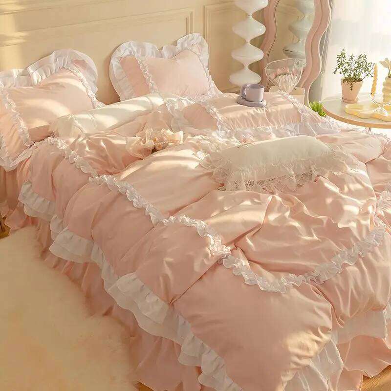 INS Korean Princess Bedding Kawaii Ruffle Lace Bed Skirt Duvet Cover Solid Color Queen Size For Girls Woman Home Textiles H260312