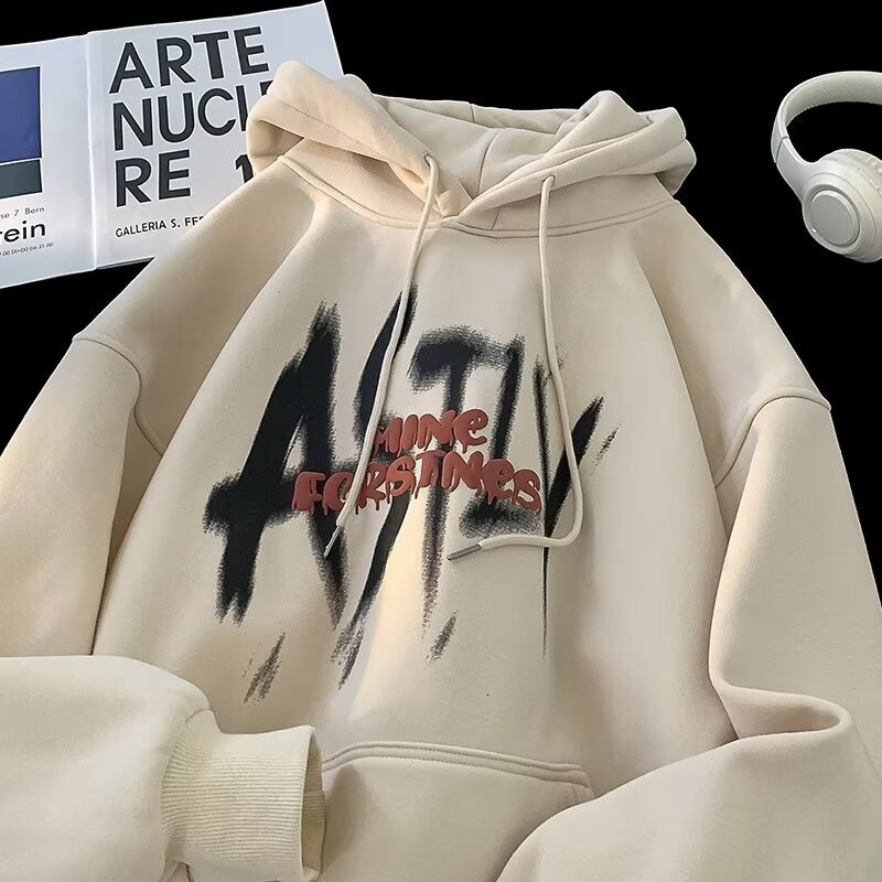 Retro Hooded Sweatshirt For Designer Hoodie Men Autumn And Winter Fleece-lined Heavy-duty Trendy Print Loose Casual Hoodie Jacket