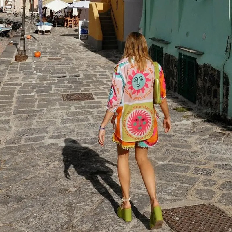 Boho Women Summer Shorts Outfits Daily Beach Sun Print Short Sleeve Button Shirts Tops Elastic Waist Shorts 2 Pieces Lounge Sets 260306