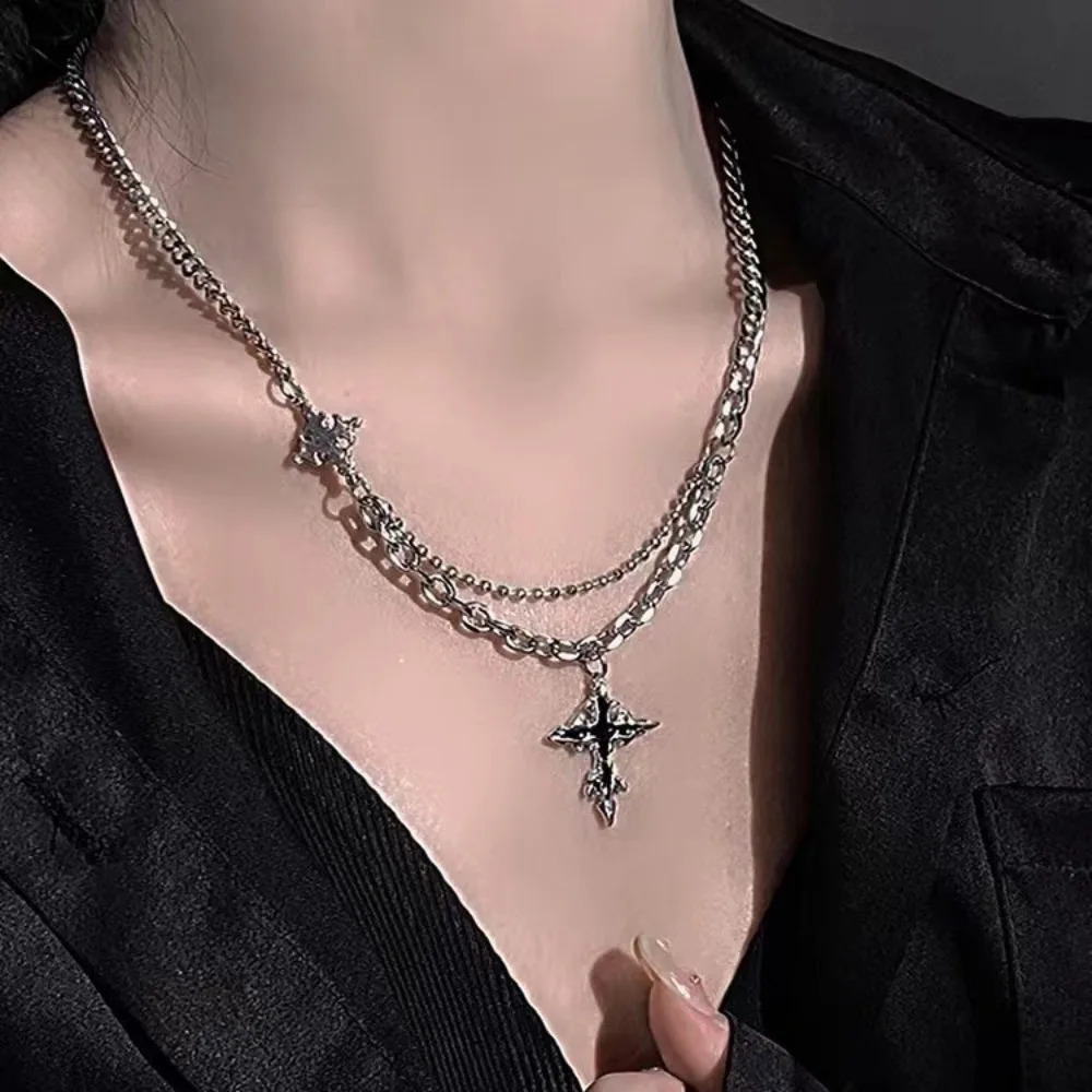 Hiphop Punk Long Cross Necklaces for Women Men Punk Double Layer Splicing Chain Necklace Charm Trend Neck Jewelry Halloween Gift 260311