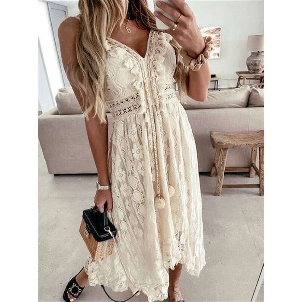 2024 New Women Lace White Long Sleeveless V Neck Flowy Ruffle Dress Summer Bohemian Retro Sexy Beach Holiday Dresses C260312