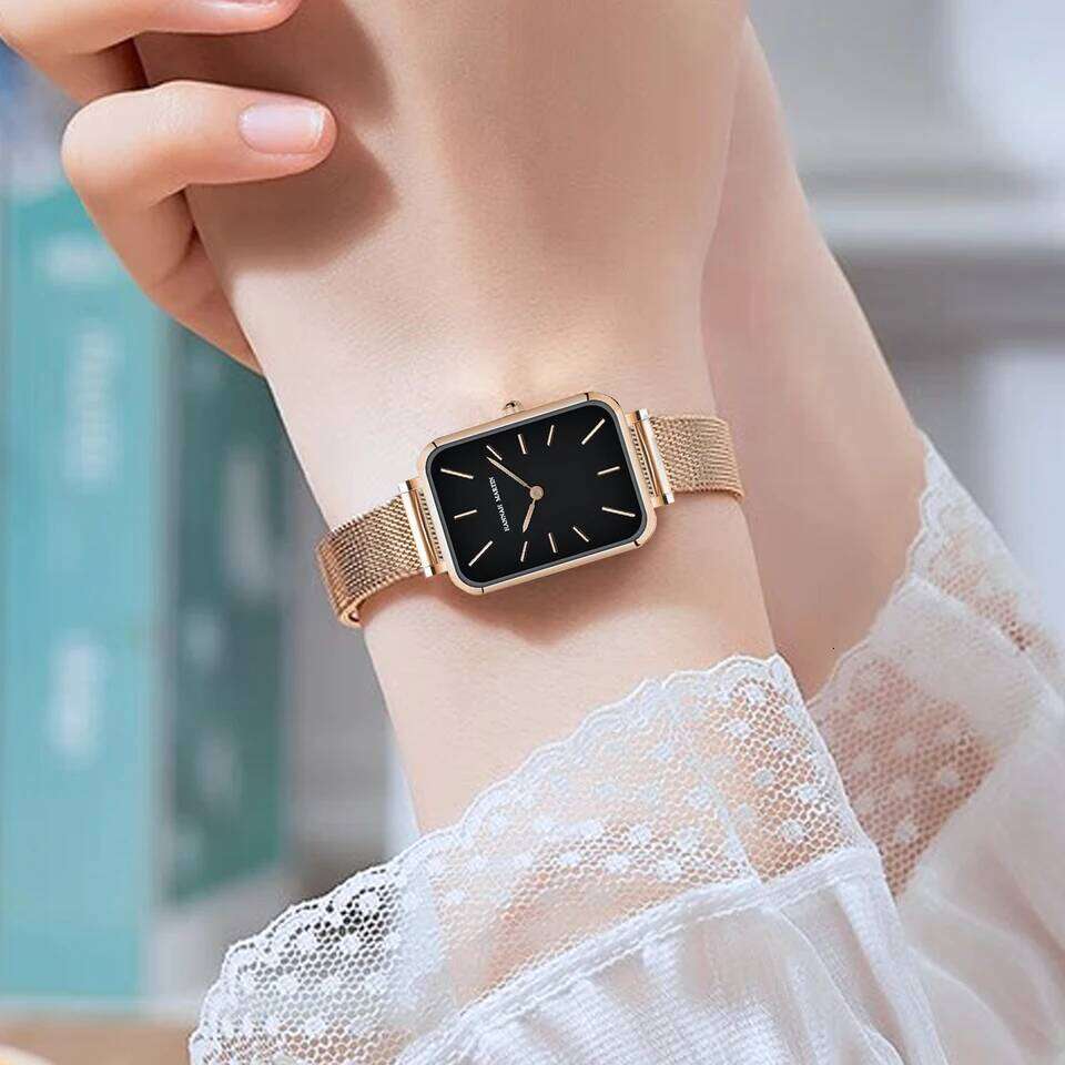 Square Women Stainless Steel Mesh Strap Watch Japanese Movement Rose Gold Simple Leisure Fashion Hannah Martin Watches