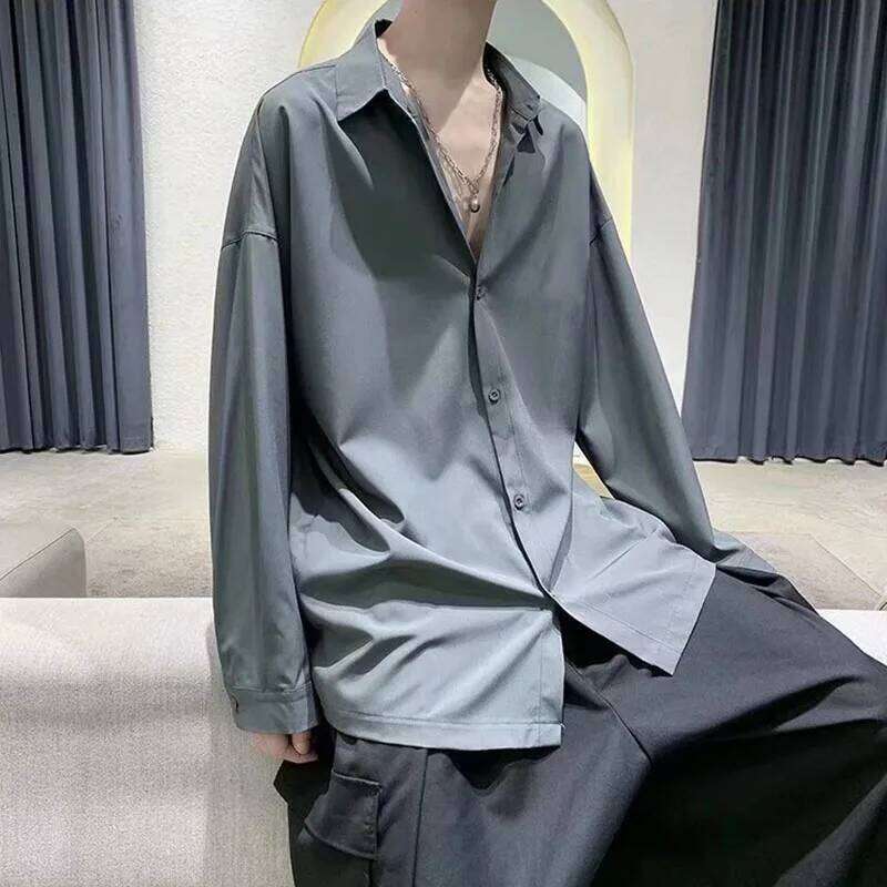 1pcs Spring Autumn Thin Long Sleeve Man Ice Silk Loose Style Male Fashion Casual Lapel Button-down Shirt Men Top