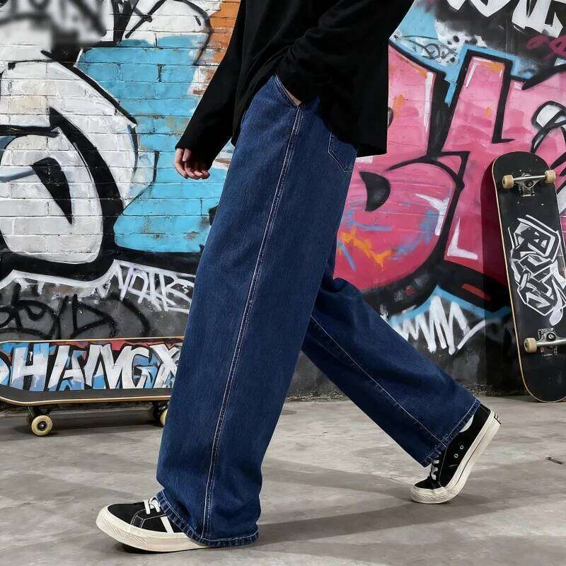 Light Wash Men's Drawstring Jeans Loose Straight Floor-Length Trendy Casual Wide Leg Long Trousers Comfortable Fit 26Y0312