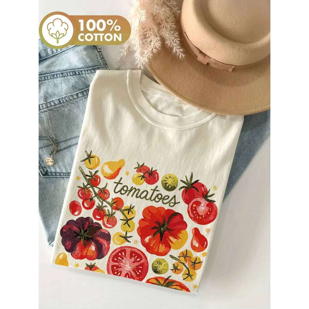 Women's Casual Short Sleeve Crew Neck T-Shirt Vibrant Tomato & Herb Print Tshirt Vintage Cotton Graphic Top Female Clothing Z260312
