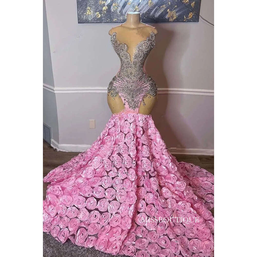 Shinny Crystal Pink Prom Dresses 2026 Rhinestone Mermaid Party Gowns Formal Occasion Evening Dress D21 B0312