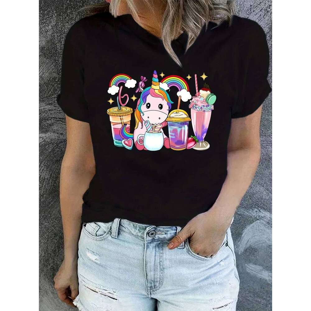 Womens Rainbow Unicorn Print T-Shirt Short Sleeve Lightweight & Breathable Crew Neck Top - Perfect Casual Wea Z260312