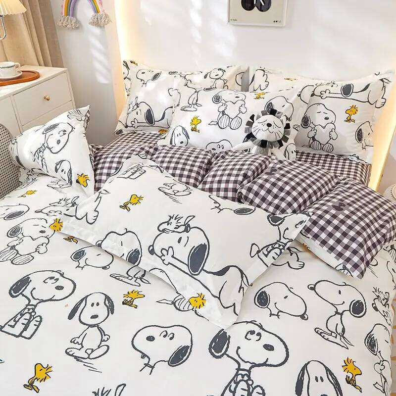 Genuine Snoopy 100% 4pcs Children's Cotton Washed Quilt Cover Bed Sheet Pillowcase 3pcs Set H260312