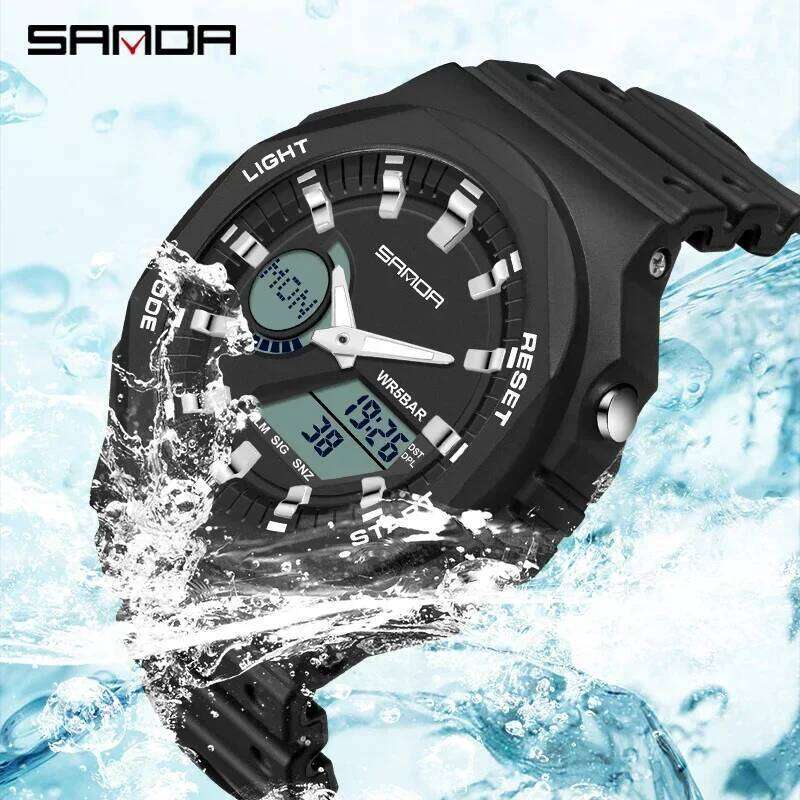 SANDA 6016 LED Dual Display Digital Mens Wristwatches Waterproof Military Luxury Sport Quartz Watch for Men Shockproof Countdown