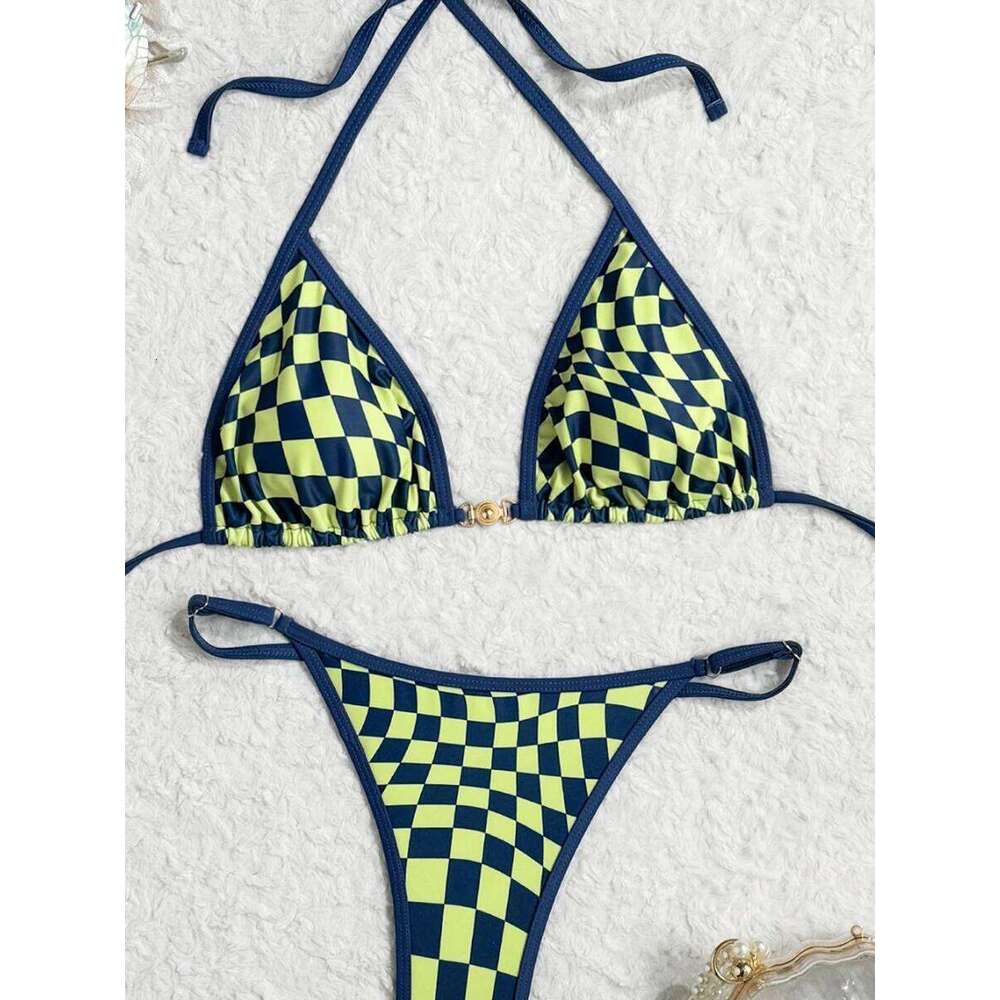 Sexy Swimsuit 2026 New Micro Bikini Women Plaid Swimwear Gold Ring High Leg Two Piece Bathing Suit Strappy Beachwear Biquini Y260303