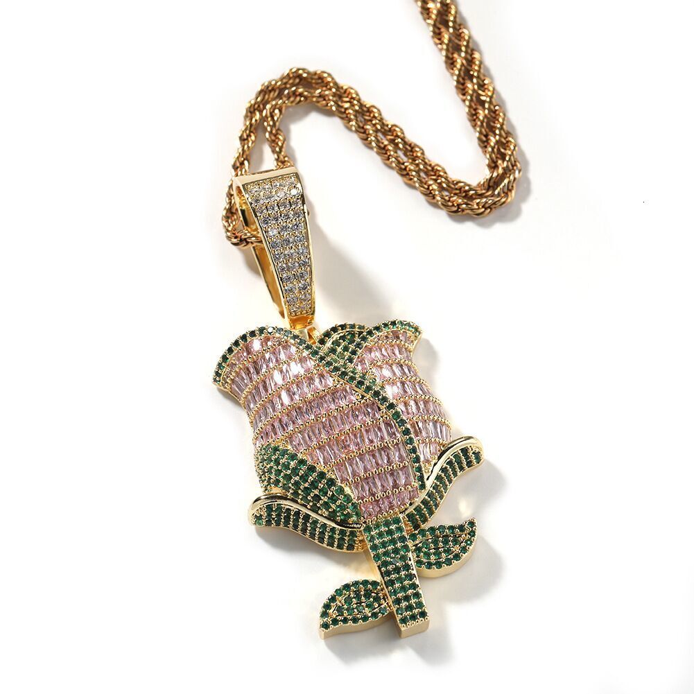 New Arrival Sparkling Full Diamond Rose Pendant Necklace with Moissanite, Men's Hip Hop Rap Jewelry