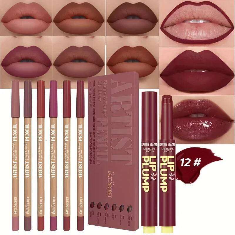 7pcs Makeup Liner Set + Lip Matte Waterproof Long lasting Lipliner Pen Moisturizing Jelly Lipstick W260311