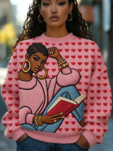 Women's Valentine's Day Knit Sweater Sweet Letter Heart Jacquard Long Sleeve Round Neck Pullovers Tops Autumn Spring Knitwear