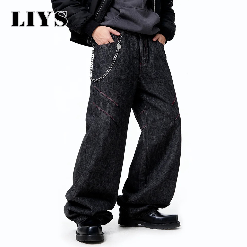 Four Seasons American Retro Mens Black Baggy Wide Leg Jeans Basic Style Business Casual Loose Denim Pants Unisex Street Jeans 260310