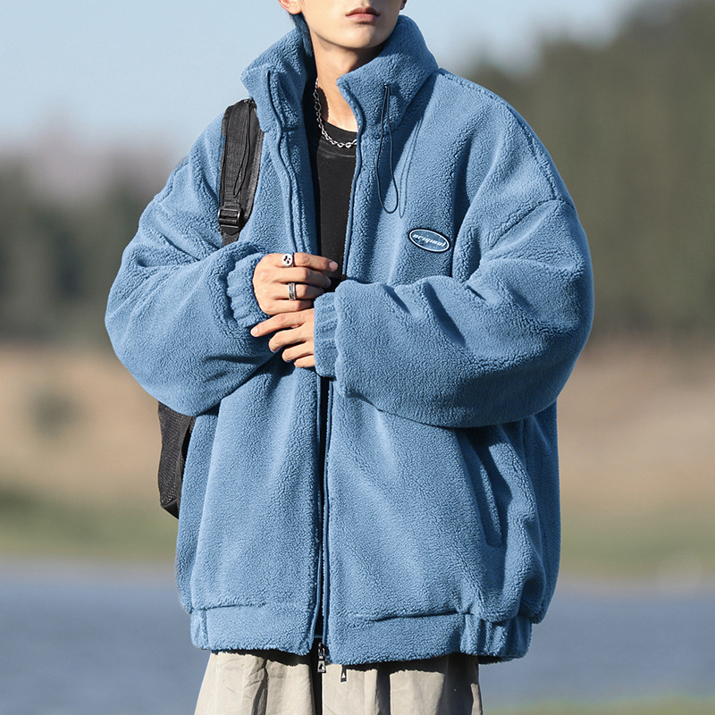 City Boy Cotton Jacket For Men Winter Fleece Lined Thickened Designer Hoodie Style Lamb Wool Coat Loose Trendy Stand Collar Cotton Jacket