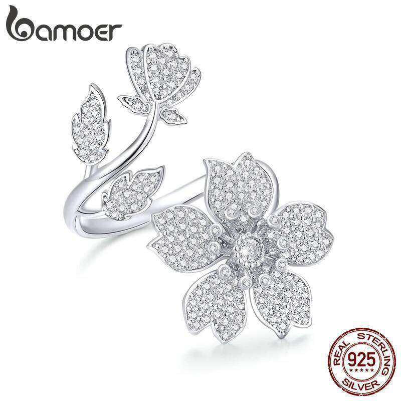 Bamoer 925 Sterling Silver Spring Sakura Opening Finger Flower Adjustable Ring for Women Zircon Fine Jewelry BSR076 H260312
