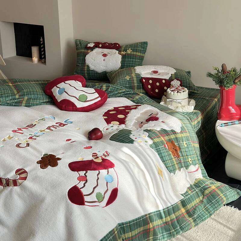 3/4Pcs Cute Santa Claus Embroidery Winter Warm Milk Velvet Bedding Set Single Duvet Cover Bed Sheet Pillowcases Christmas Gifts H260312