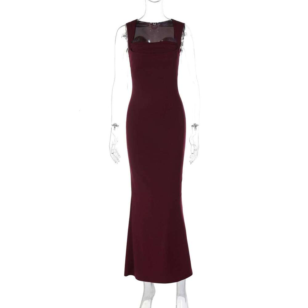 Hugcitar Elegant Solid Square Collar Straps Sexy Bodycon Maxi Prom Dress Summer Women Y2K Clothes Evening Party Birthday C260312
