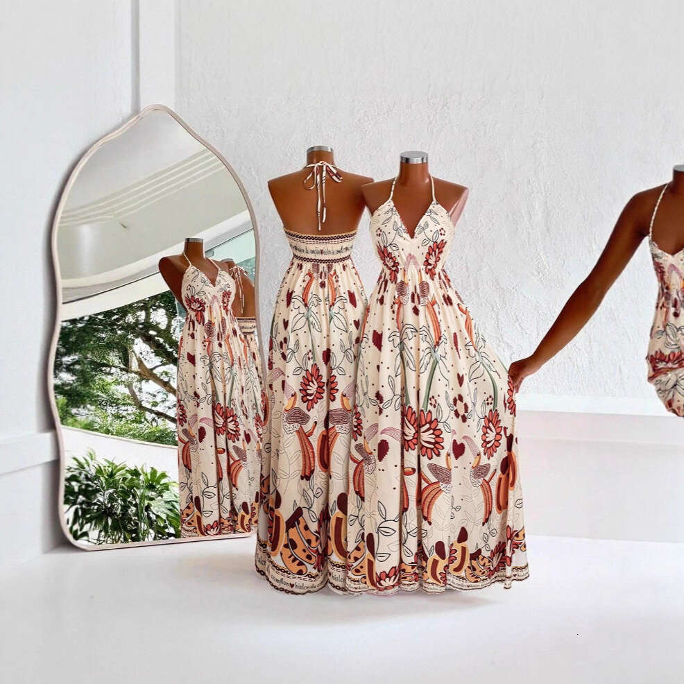 New European American women's fashion dress for commuting, with halter neck, hollow back, and patterned print, available in plus sizes