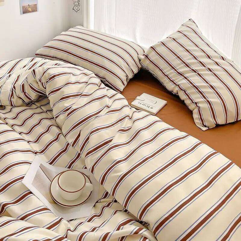 Simple Style Red And Blue Stripe Duvet Cover Bed Flat Sheet Washed Cotton Bedding Set for kids adult H260312