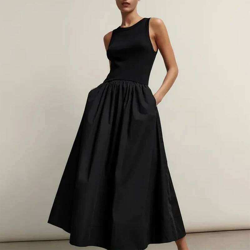 HXAO Black Women Slim Simple O Neck Sleeveless Long Holiday Street Casual Dresses 2025 Women's Summer Dress C260312