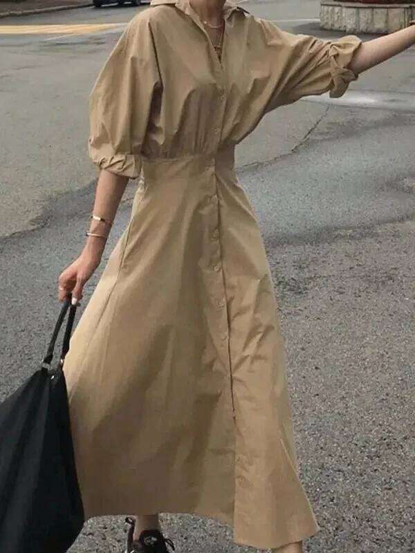 Modigirl Casual Long Shirts 2025 Summer Spring Clothes Khaki Puff Sleeves Botton Simple Maxi Dresses for Women C260312