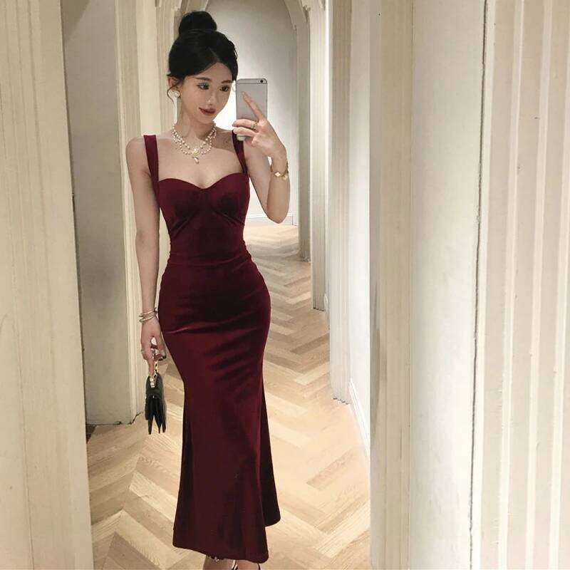 Women Velvet Maxi 90s Vintage Square Collar Sleeveless Cami Summer Fashion Solid Color Backless Bodycon Dress C260311