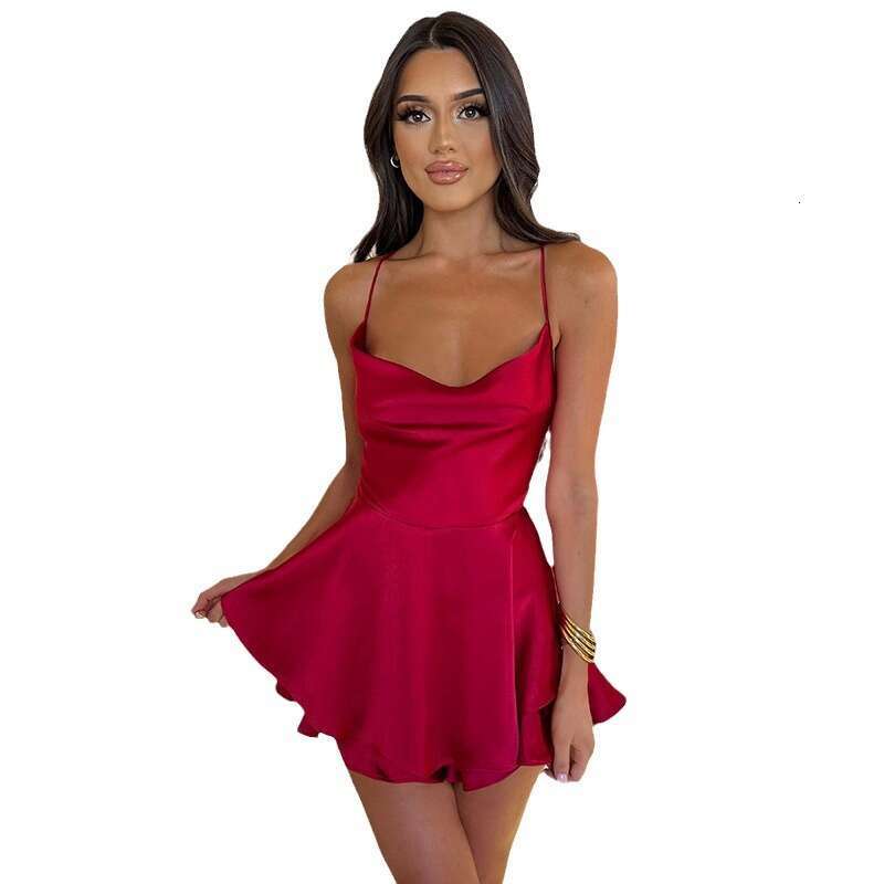 2024 Summer New European and American Amazon Hot Sexy Slim Fit Backless Solid Color Strap Dress Short Style