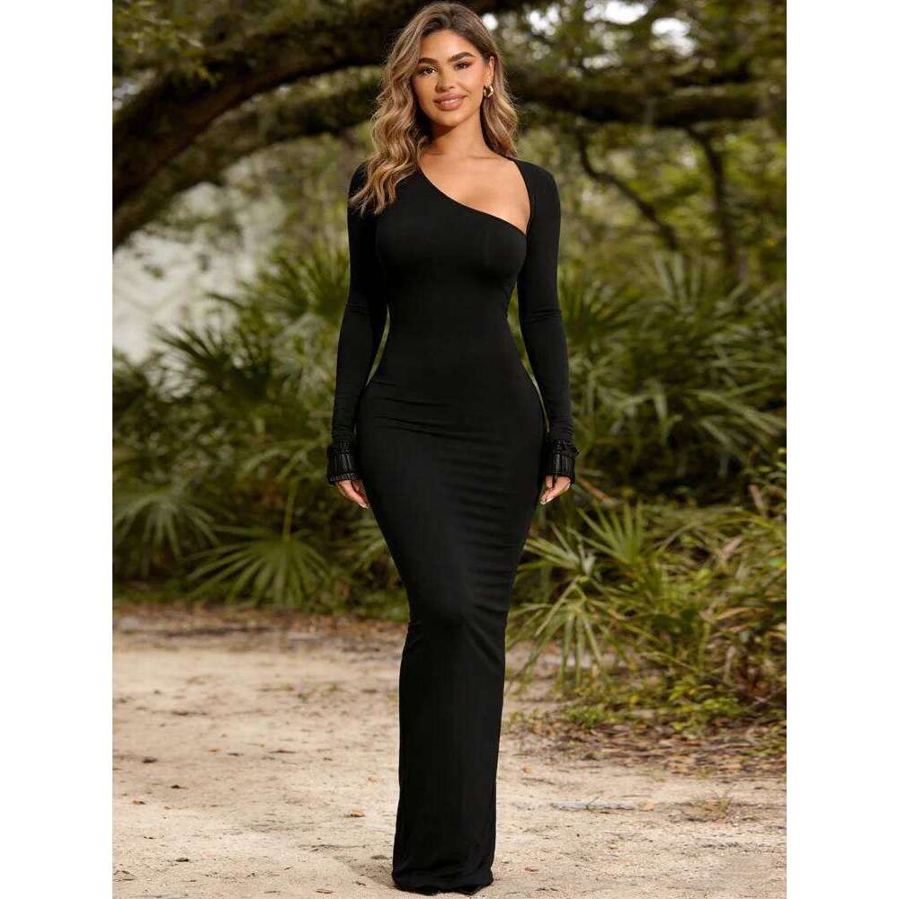Spring Fashion Women's Black Split Evening Irregular Neck Long Sleeve Slim Dress Solid Color Elegant Bodycon C260311