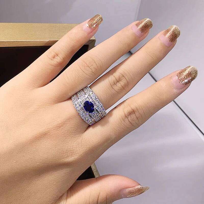 Huitan Sparkling Women Rings with Oval Blue CZ Wide Band Gorgeous Wedding Accessories Silver Color Brilliant Fashion Jewelry H260312