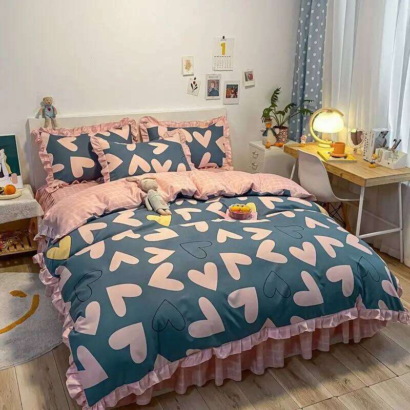 Princess Style Thickened Four-piece Sweet Lace Girls Bedroom Decoration Bed Skirt Quilt Cover Pillowcase Fashion Bedding H260312