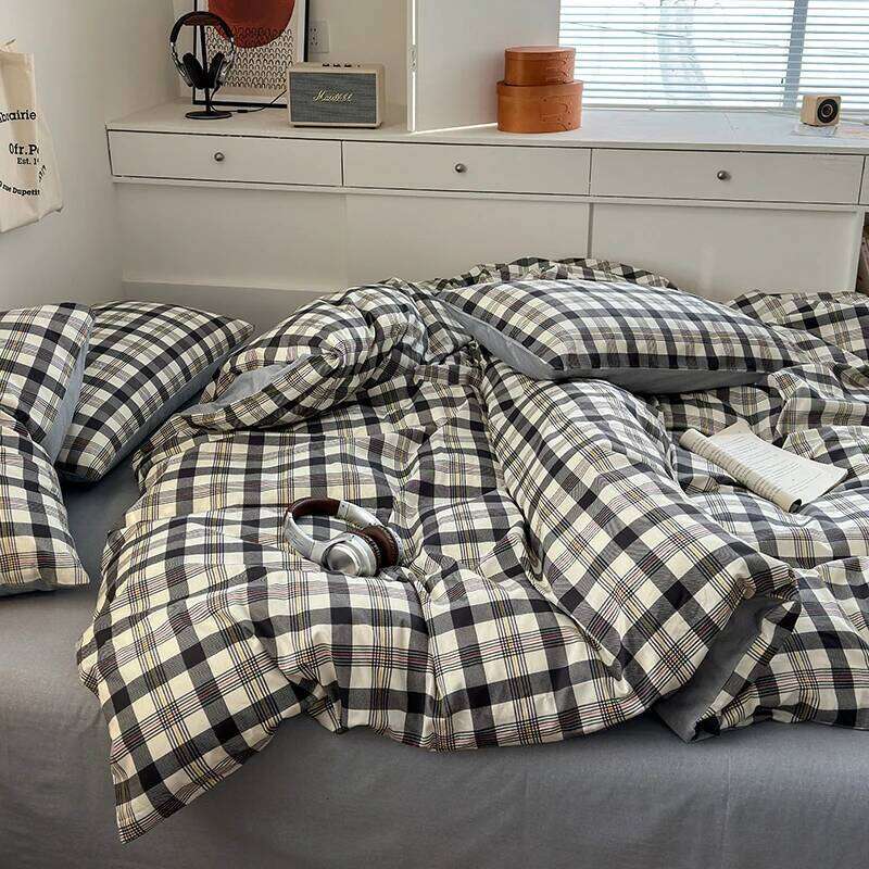 100% Cotton Plaid Style Duvet Cover Set with 2 Pillowcases - Soft & Breathable Bedding Set, Hypoallergenic, Easy Care H260312
