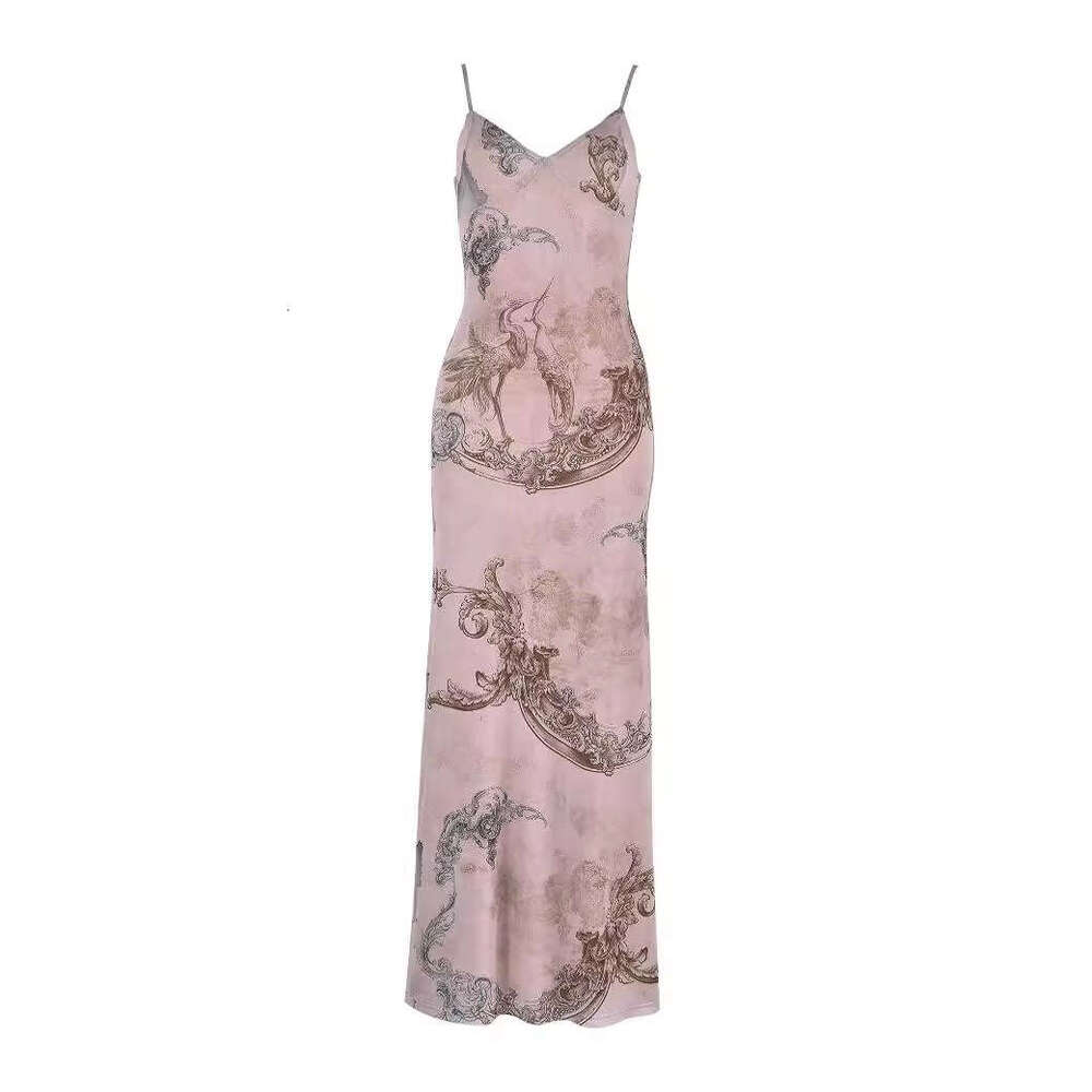S32138 European and American New Long Vacation Style Elegant Slim Fit Printed Design Camisole Dress Women's Clothing
