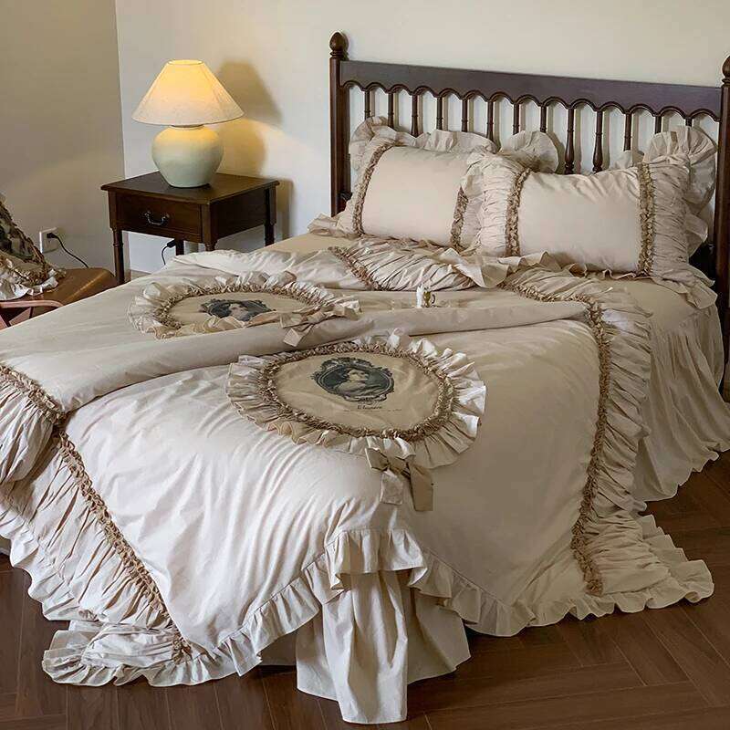 Lace Ruffles Patchwork Vintage French Bedding Set, 100% Cotton, Duvet Cover, Bed Sheet, Pillowcases, Queen, King, 4Pcs H260312