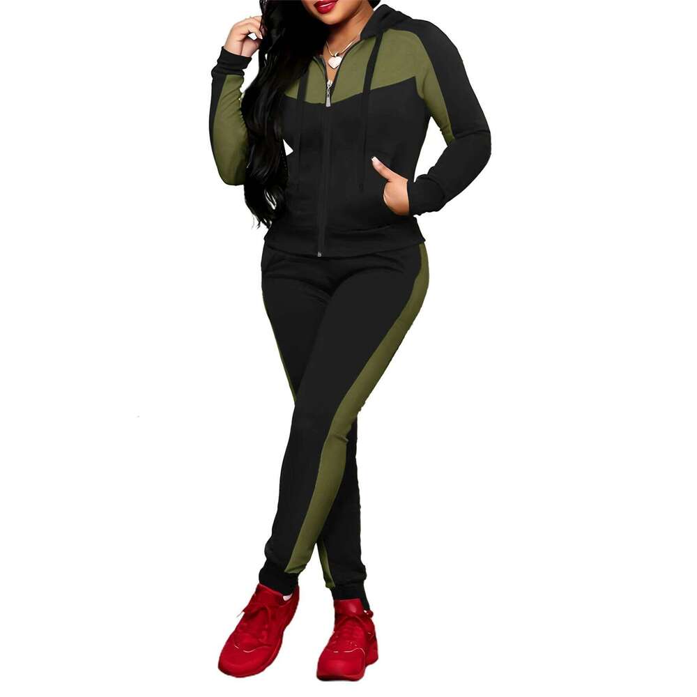Two-piece Set Women's Colorblock Zip UpHoodie Pocket Pants, Casual Long SleeveHooded Sweatshirt & Jogger Pants for DailyWear, C260312