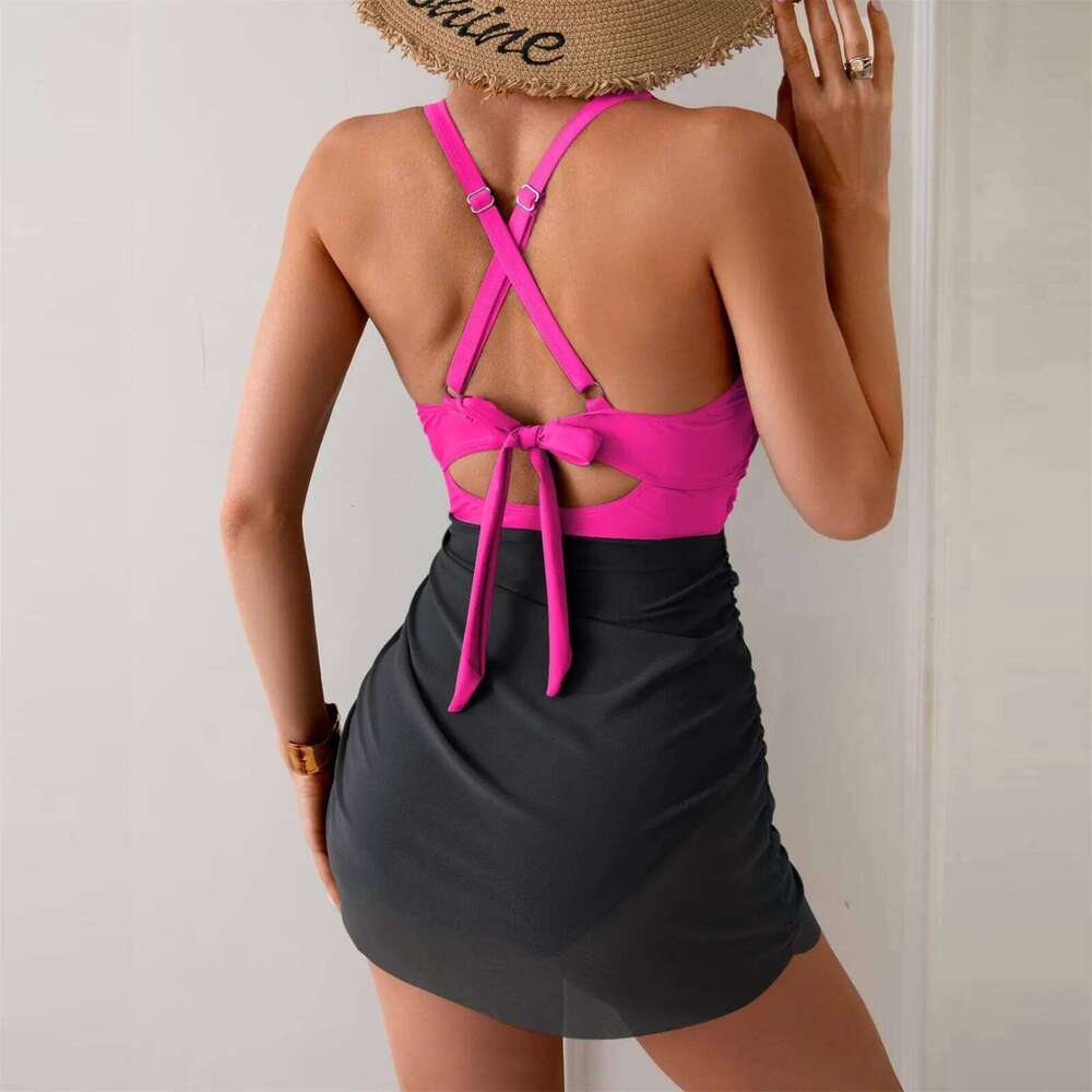 Women's one-piece bikini sexy suspender deep v swimsuit mesh splicing side drawstring swimsuits beach wear Y260303