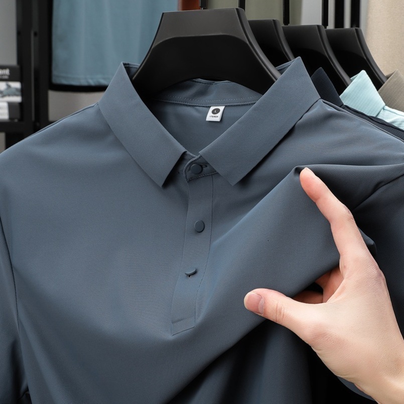 Ice Silk Summer Men's Business Casual Stretch Non-Iron Solid Color Streetwear Short Sleeve Turn-Down Collar Polo Shirt