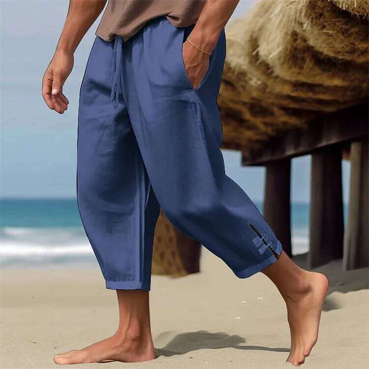 Men's Linen Summer Beach Spring Elastic Waistband Comfortable and Breathable Calf Captcha Pants